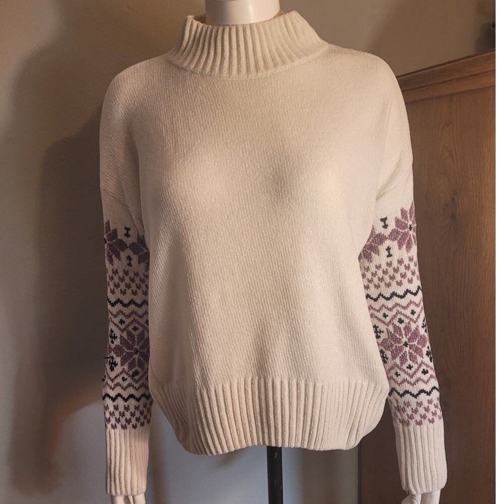 Christian Siriano Chenille Fair Isle Mock Neck Sweater Cozy Luxe Ivory Large